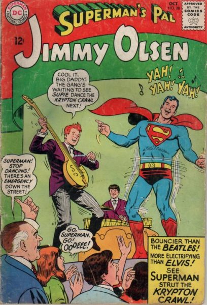 Superman's Pal Jimmy Olsen comic cover mentions The Beatles and Elvis