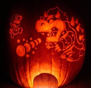 Halloween pumpkin carving Mario and Bowser