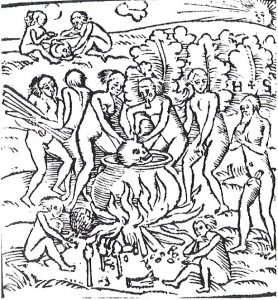 1557 woodcut of Hans Staden's encounter with the Tupinamba of Brazil